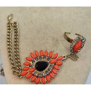 Gold Chain Hand Harness Bracelet With Coral & Black Stone Flower Design